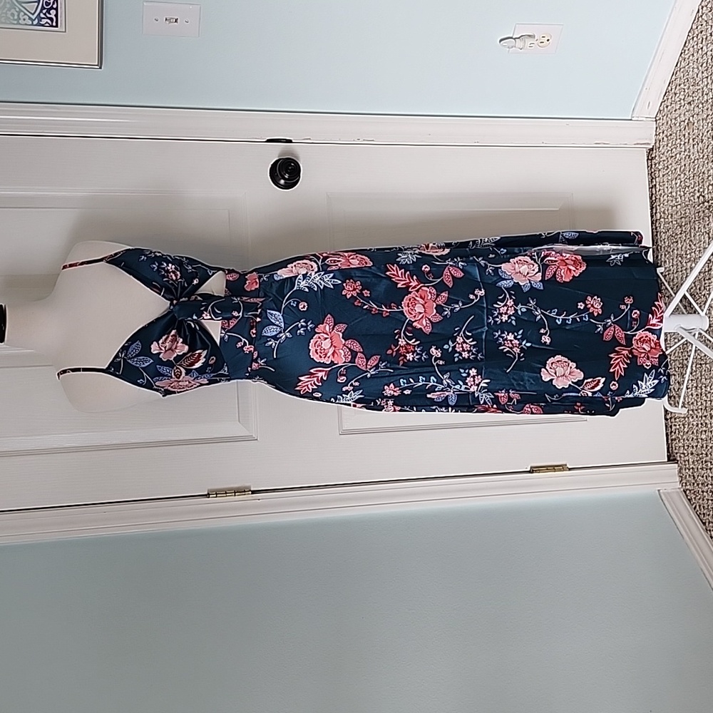 Blue and Pink Floral Silky Split Dress Size S